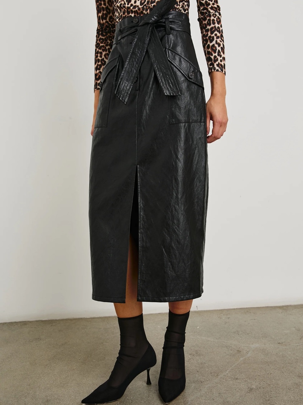 Black High-Waist Faux Leather Midi Skirt with Front Slit size small nwot